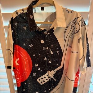 Music Print Short-Sleeve Button-Up Shirt - Black & Cream